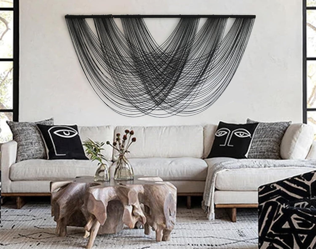 Flber Macrame Wall Hanging Black 59.00" W x 31.00" L Boho Wall Decor Large Boho Yarn Tapestry Living Room Bedroom Home Wall Décor