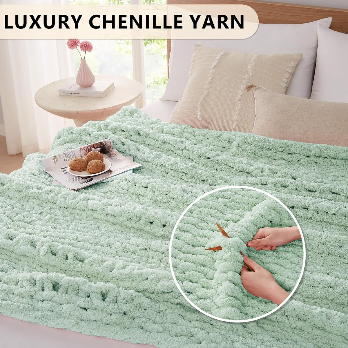 L'AGRATY Chunky Knit Blanket Throw: 50''x60'' Chenille Chunky Knitted Throw Blanket for Bed Couch - Handmade Thick Big Cable Knit Blanket - Large Crochet Rope Blanket for Home Decor(Milky Green)