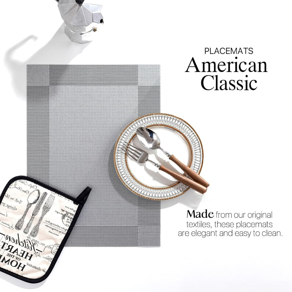LEXMORE Placemats Set of 6 Vinyl/Plastic Woven Place Mats for Kitchen Table Indoor/Outdoor Washable Placemat Wipeable Dining Table Mats(G-Silver Cube)