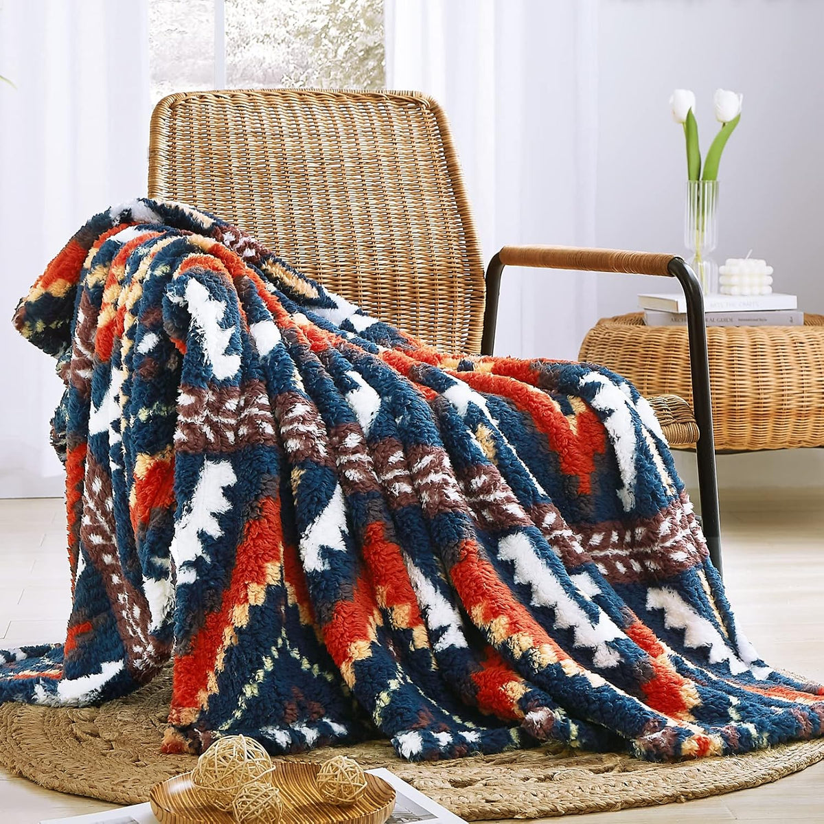 CASAAGUSTO Boho Sherpa Blanket, Aztec Twin Blanket, Ultra Soft, Warm, Cozy, Plush, Thick Fleece Western Blanket for Couch, Bed, Sofa (Navy Blue 60 * 80 Inch)