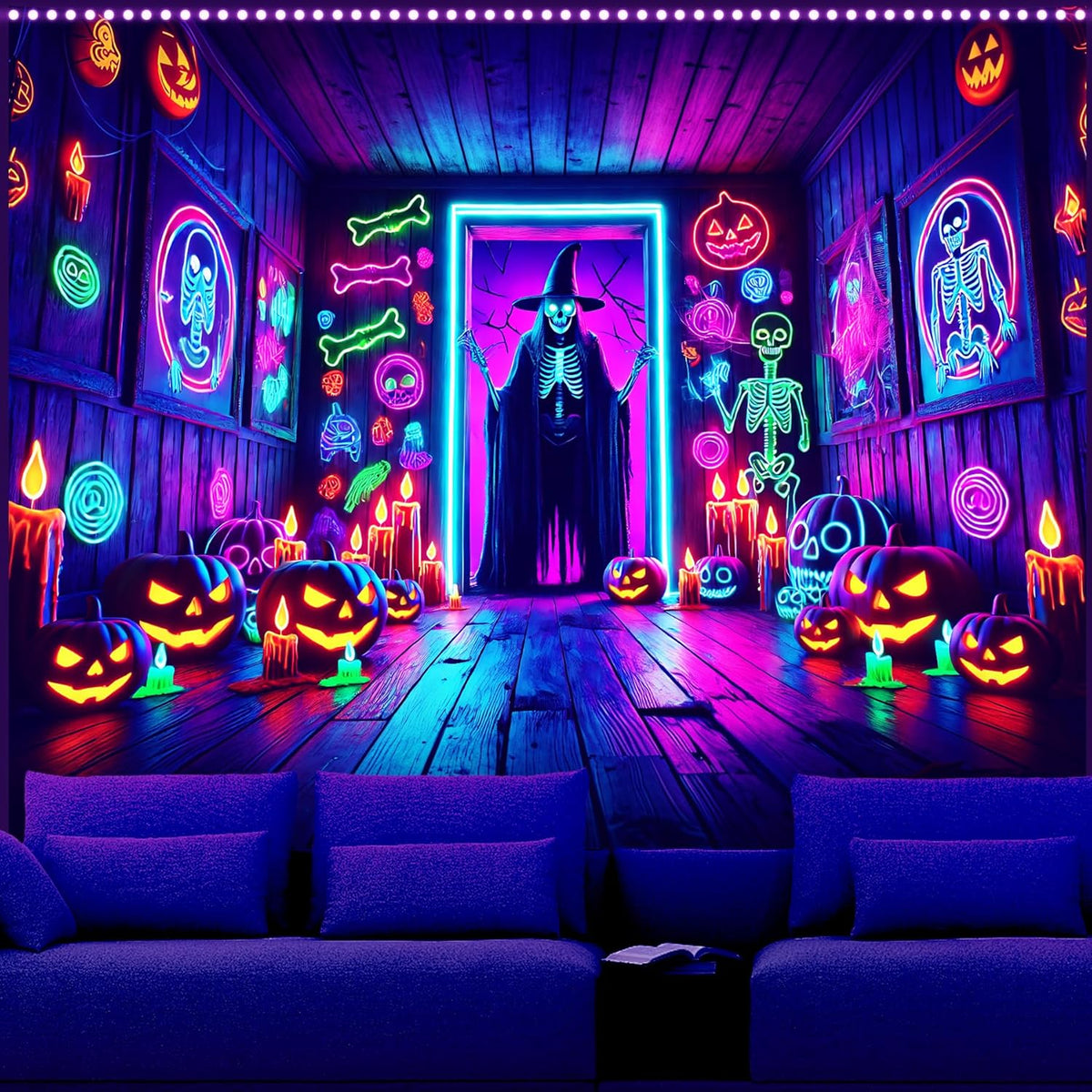 AOHMPT Glow-in-the-Dark Halloween Tapestry - UV Reactive Black Light Wall Hanging Decor for Spooky Parties, Bedroom, Living Room (Witches, 79L x 59W, Unframed)