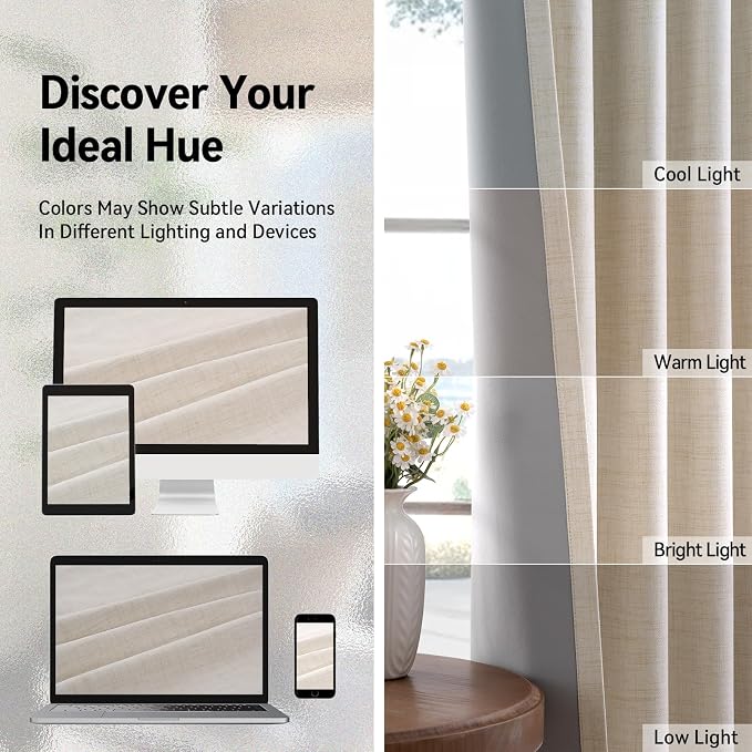 100% Blackout Linen Textured Curtains 84 Inch Long, Butter Cream | 100% - Image 7