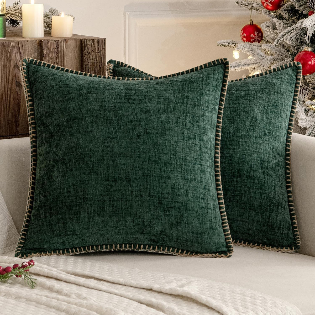 MIULEE Pack of 2 Christmas Pillow Covers 20x20 Inch Dark Green Farmhouse Decorative Throw Pillow Covers with Stitched Edge Soft Chenille Solid Dyed Couch Pillow Covers for Sofa Bed Living Room