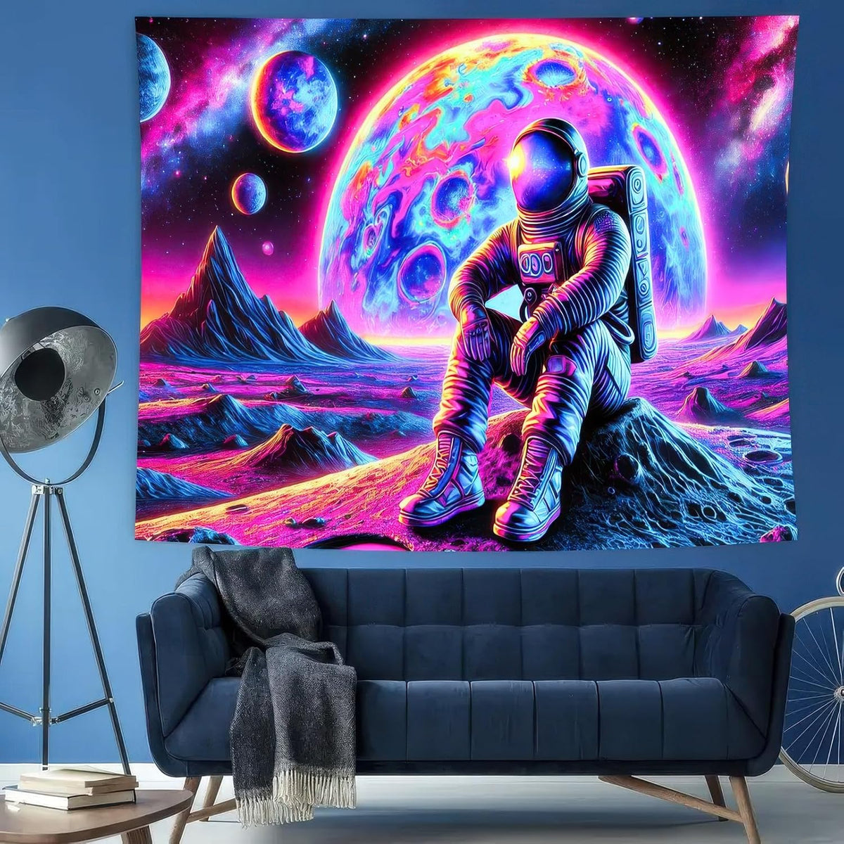BlissYard Blacklight Tapestry Astronaut in Cosmic Landscape 78x59 Inches Modern Wall Art for Bedroom