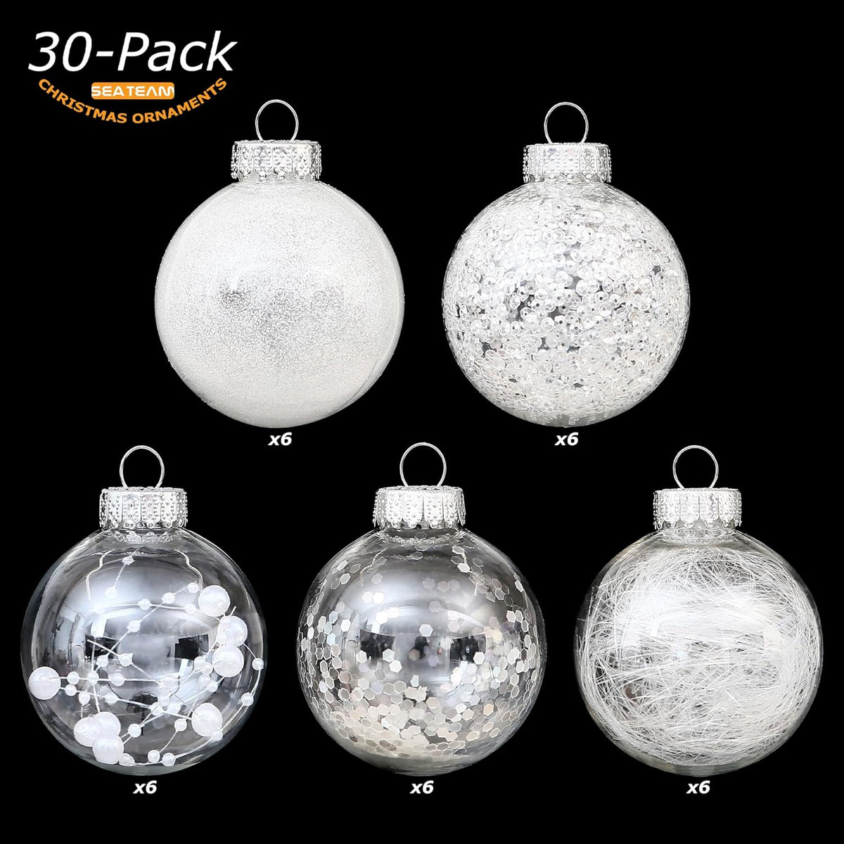 Sea Team Shatterproof Clear Plastic Christmas Ball Ornaments Decorative Xmas Balls Baubles Set with Stuffed Delicate Decorations (60mm/2.36 inch 30-Pack, White)