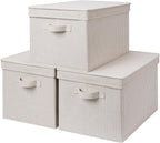 StorageWorks Storage Bins with Lids, Decorative Storage Boxes with Lid and Handles, Foldable Storage Baskets for Closet, Shelves, Stackable, Khaki Stripe, Jumbo, 3-Pack