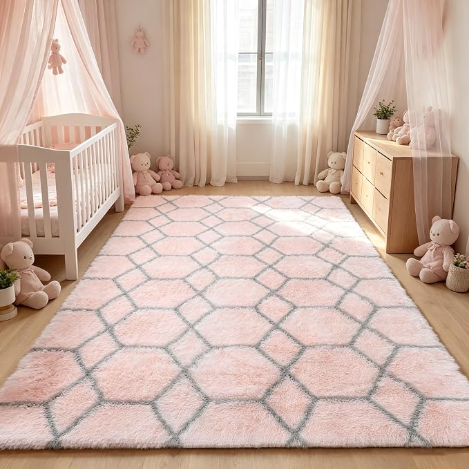 Area Rugs for Living Room, 5x8 Fluffy Pink and Grey Bedroom Geometric Rug | - Image 8