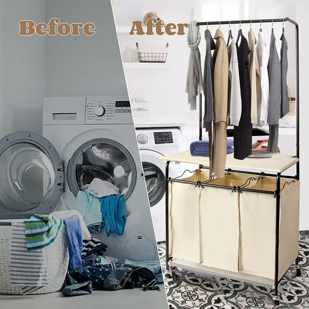 MYOYAY 3 Section Laundry Sorter with Garment Hanging Bar Rack Foldable Ironing Board, Laundry Basket Organizer Heavy Duty Laundry Hamper Rolling Cart with Lockable Wheels and 3 Removable Bags