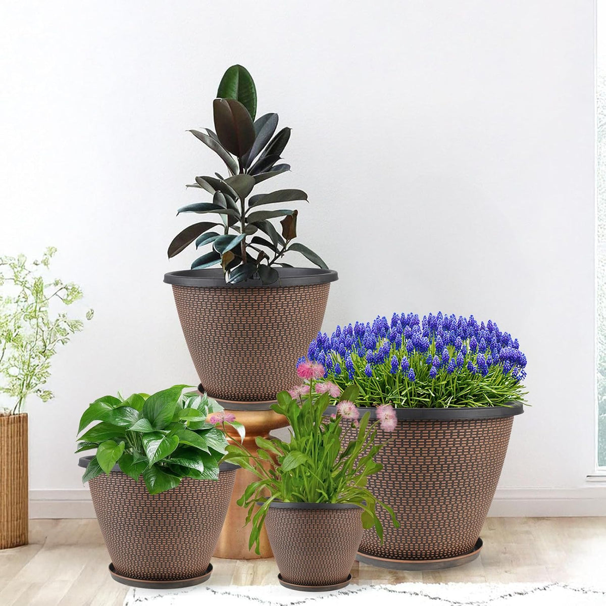 16 inch Plant Pots, Large Planters for Outdoor Plants Set of 4, Round Plastic Flower Pots with Drainage Holes & Trays, Modern Decorative Indoor Garden Pot, Plant Container for House (Black Copper)