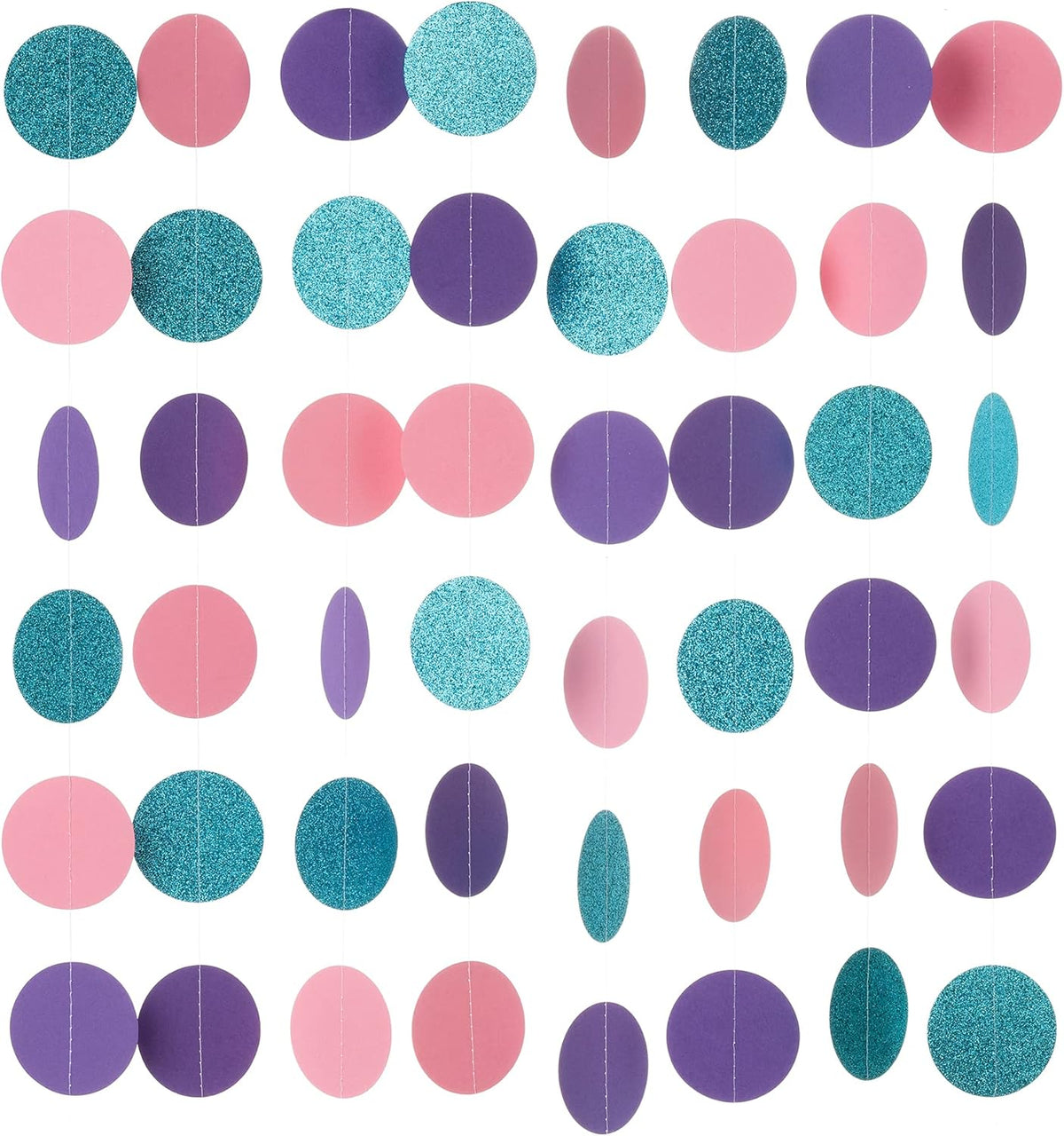WEVEN Circle String Decorations Paper Garland Banner Streamer Party Decor 2.5" 20 ft (Pink, Purple, Teal Glitter)