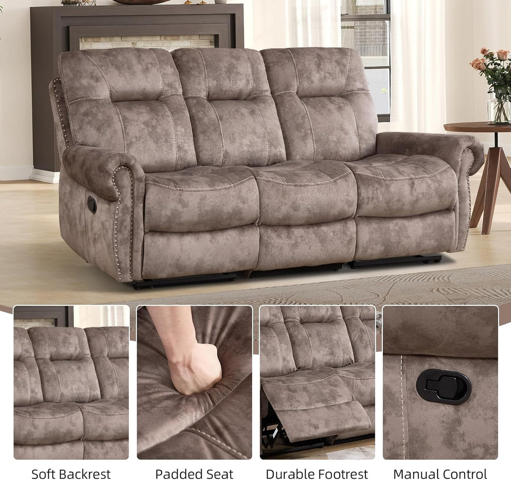 EBELLO 2 Pieces Reclining Couch Furniture Set for Living Room, 1 Seat Power Recliner and a 3 Seater Sofa, Vintage Rivet Mid-Century Design for Living Room, Brown