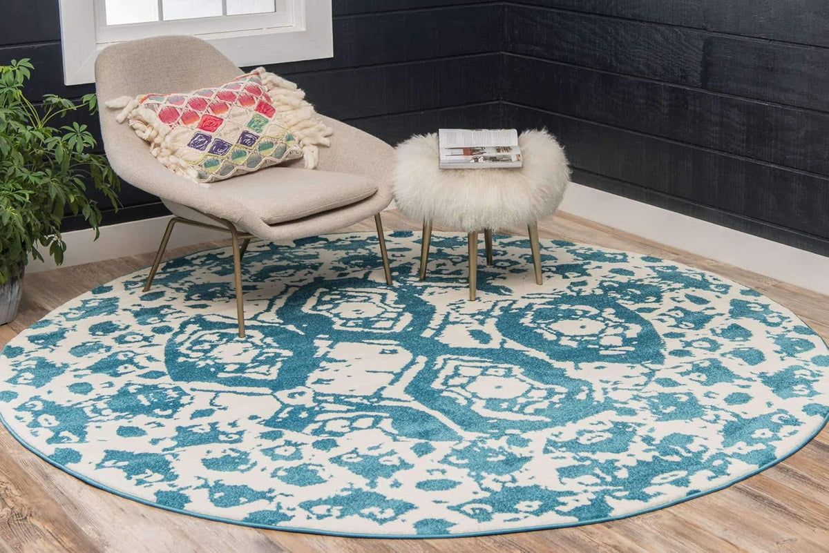 Unique Loom Rosso Collection Vintage Traditional Distressed Blue Round Rug (3' 3 x 3' 3)