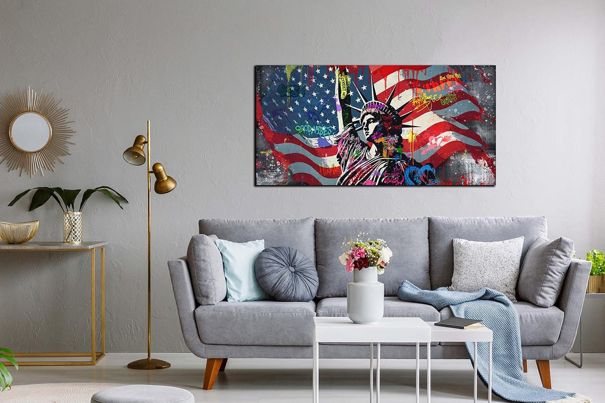 JKWALL77 American Flag Wall-Decor - Banksy Graffiti Canvas Wall Art - Office Pictures For Wall Ready To Hang Size 40" x 20"