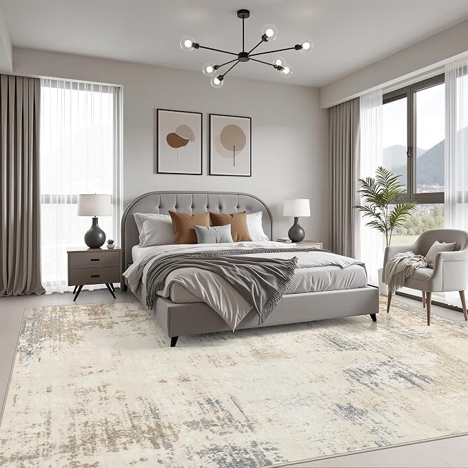 Area Rug Living Room: 4x6 Modern Washable Soft Carpet Beige Brown | - Image 4