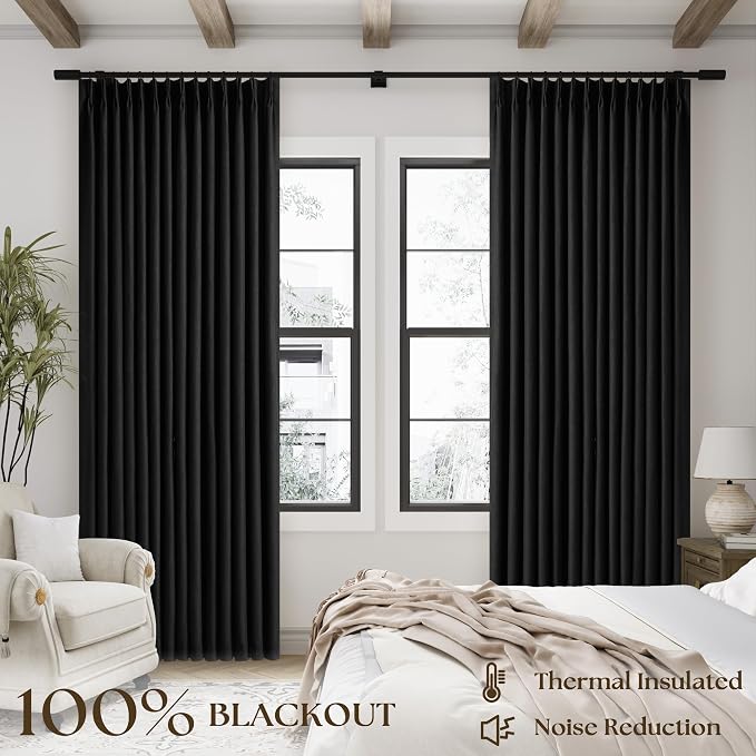 Black Pinch Pleated Linen Blackout Curtains 90 Inches Long - Image 3