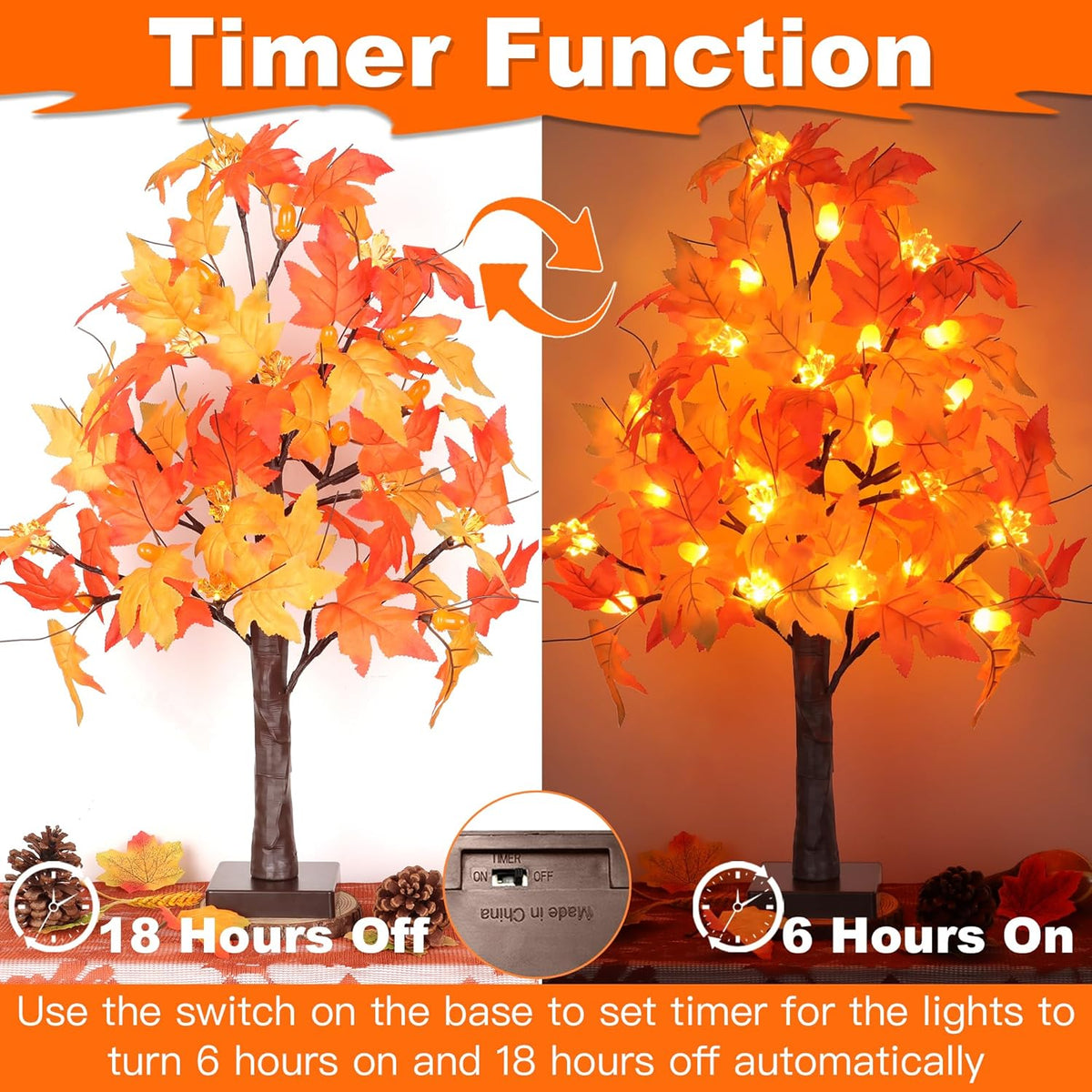 2 Pack 24 Inch Prelit Fall Maple Tree Fall Decor with 48 LEDs Timer Battery Operated Artificial Fall Light Up Tree Maple Acorn for Fall Thanksgiving Decorations Table Home Office Indoor Autumn Harvest