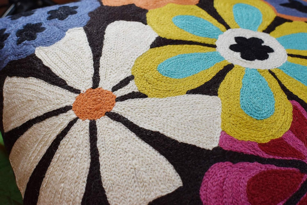 Modern Black Daisy Floral Pillow Cover Accent Flower Traditional Pillowcase Hand Embroidered Florals Couch Pillowsham Boho Outdoor Cushion Suzani Accent Pillow Wool 18x18 Inch