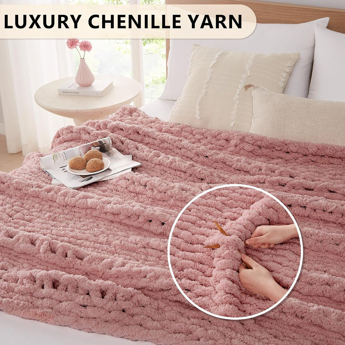 L'AGRATY Chunky Knit Blanket Throw: 72''x84'' Chenille Chunky Knitted Throw Blanket for Bed Couch - Handmade Thick Big Cable Knit Blanket - Large Chunky Crochet Blanket for Home Decor(Rose Pink)