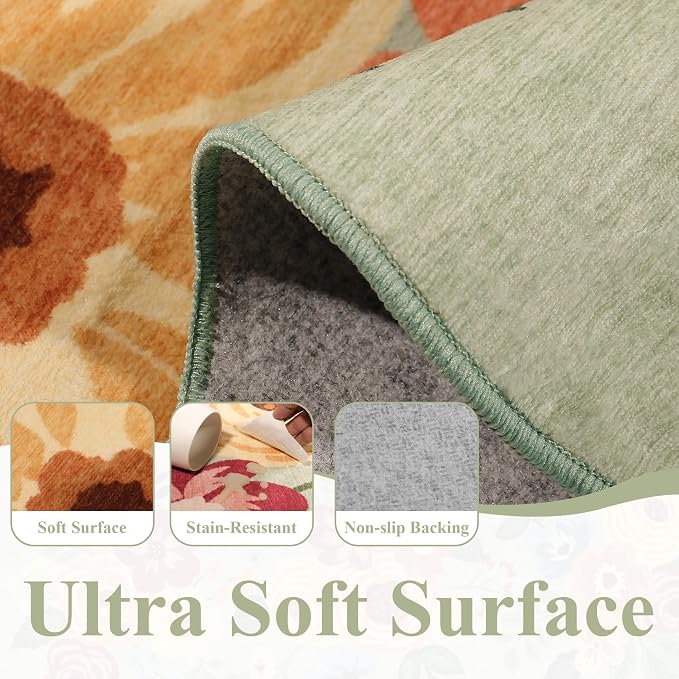DUKINO 2x8 Washable Runner Rug, Floral Non Slip Kitchen Runner Rug, Soft Throw - Image 5