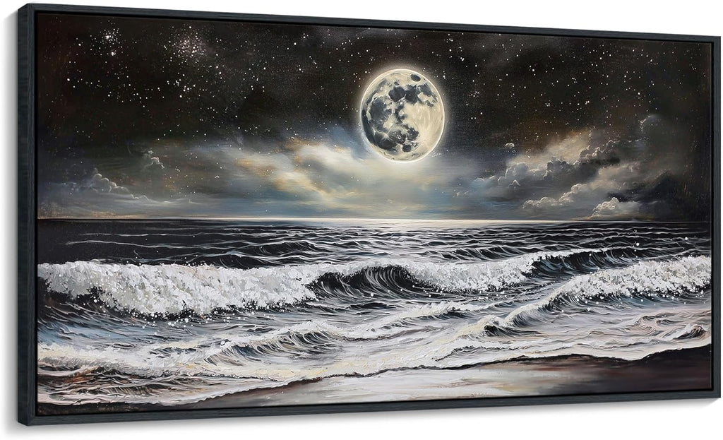 QZQCBLC Black and White Wall Art, Sea Beach Pictures Moon Starry Clouds Ocean Scene Framed Canvas Paintings Artwork for Living room Bathroom Bedroom Home Office Wall Pictures Decor 20x40 IN