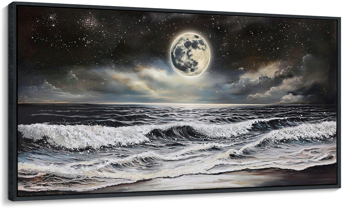 QZQCBLC Black and White Wall Art, Sea Beach Pictures Moon Starry Clouds Ocean Scene Framed Canvas Paintings Artwork for Living room Bathroom Bedroom Home Office Wall Pictures Decor 20x40 IN