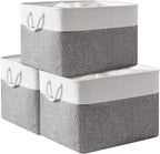 TheWarmHome Storage Bins Baskets for Organizing, 20.5L×15.7W×13.8H 3 Pack Sturdy Fabric Storage Basket W/Handles, Decorative Foldable Storage Baskets for Shelves Closet Nursery Toy (White & Grey)
