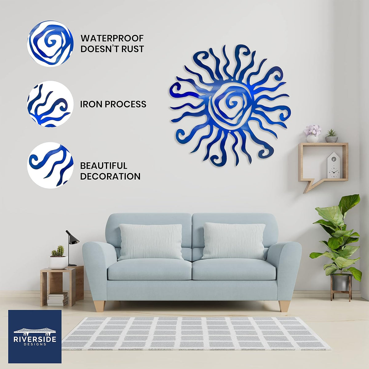 Riverside Designs Wacky Sun Metal Wall Art Indoor/Outdoor Decor - 12" Blue, Rust Proof Wall Sculpture - Made in USA - Ideal for Bedroom, Garden, Home, Patio and Farmhouse