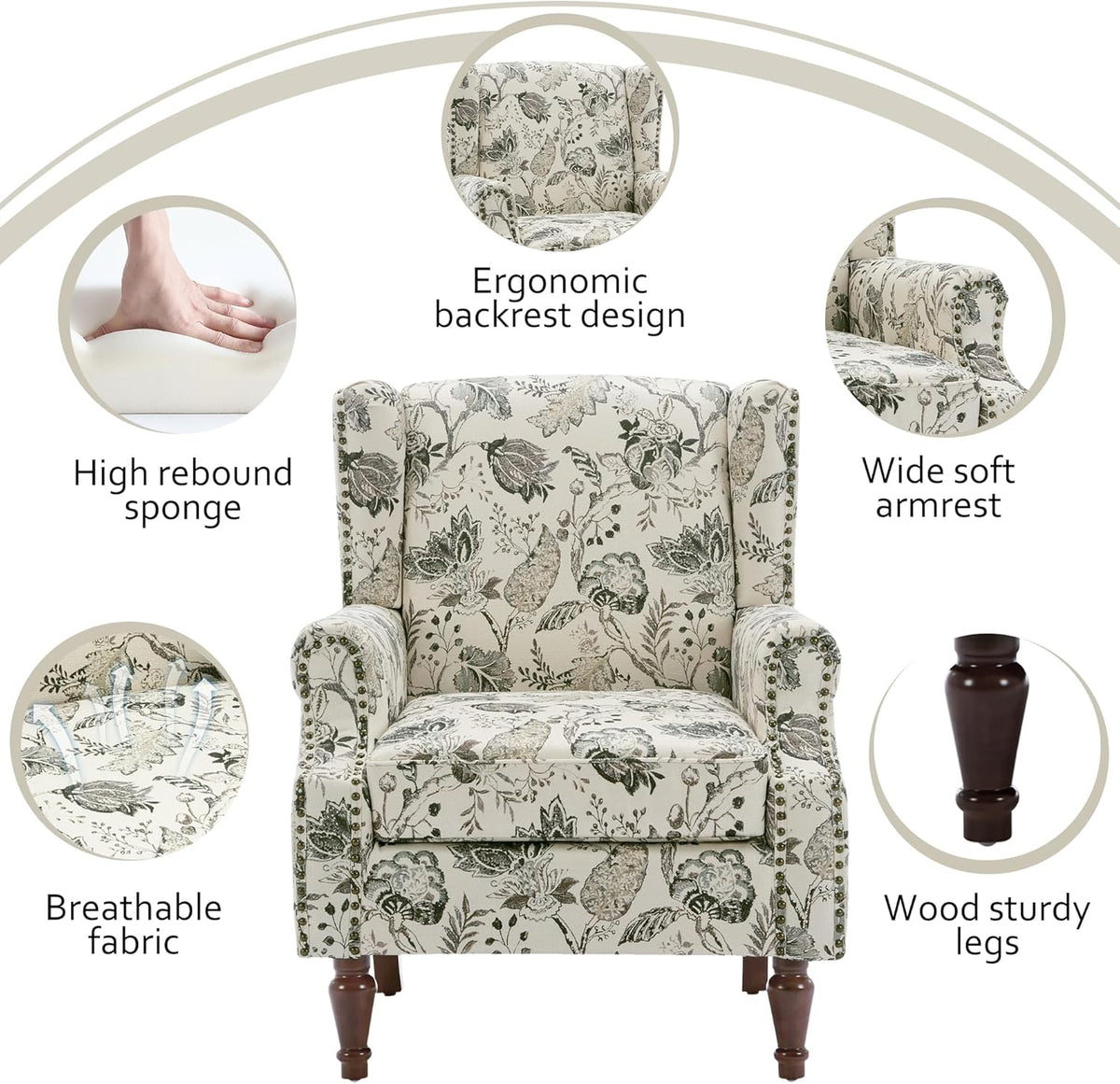 Lumibee Wingback Accent Chair,High Back Floral Armchairs in Fabric,Comfy Upholstered Reading Single Sofa Chair with Solid Wood Legs for Living Room,Bedroom,Office-Plants Beige