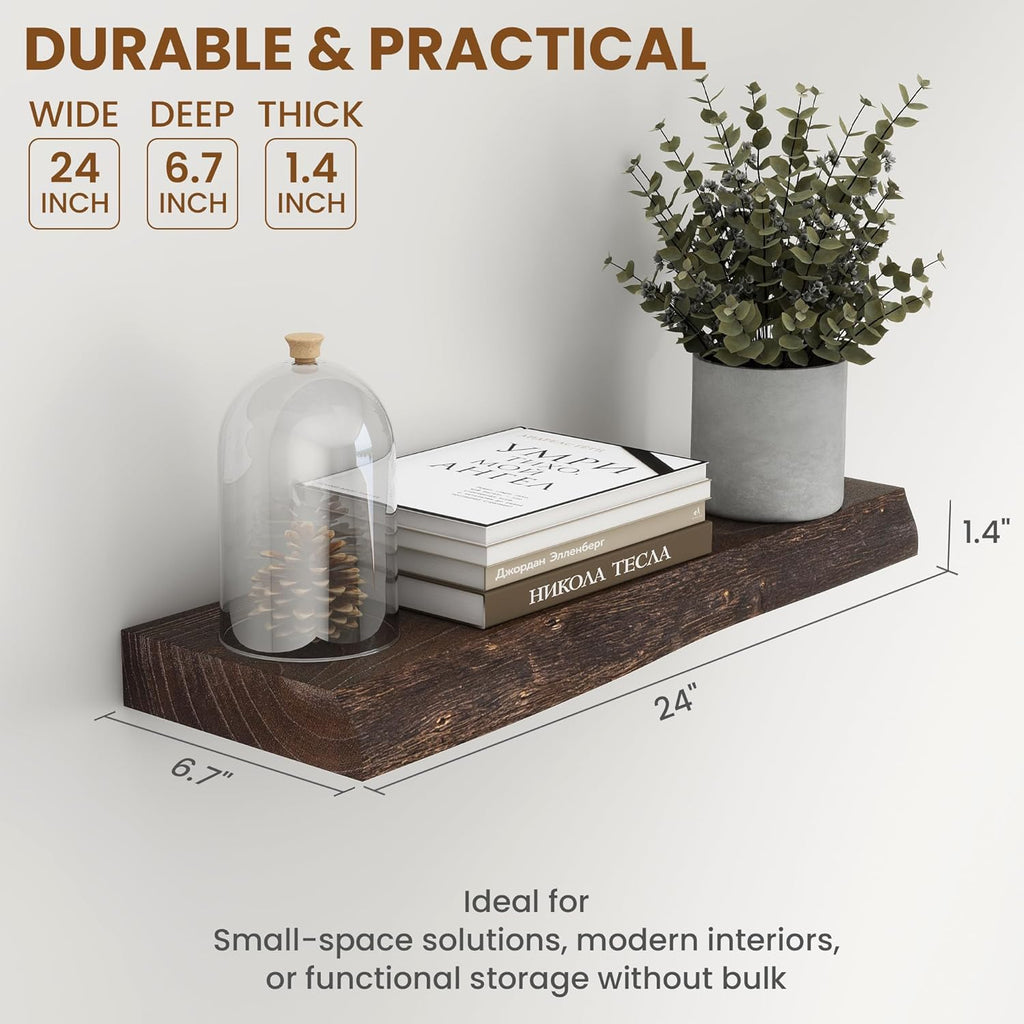 24" Floating Shelves, Live Edge Solid Elm Wood Floating Shelf, Wall Mounted Display Shelves with Heavy-Duty Bracket for Books, Rustic Wooden Shelf for Kitchen, Bathroom, Walnut Color, Set of 2