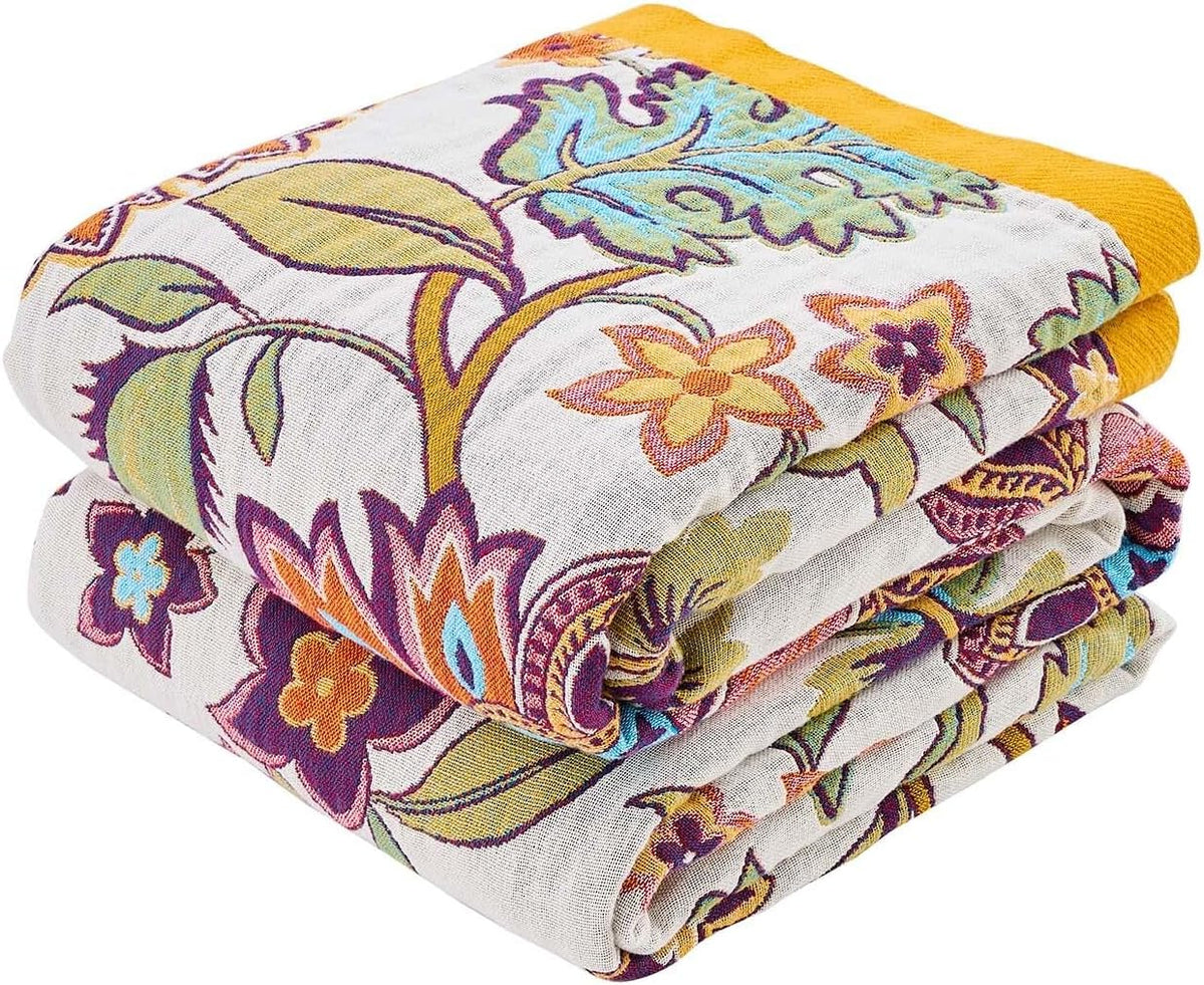 Boho Throw Blanket for Bed, 100% Cotton Soft Rustic Quilt Fall Blanket, 90"x98" Floral Printed Farmhouse Decor Bed Blankets, All Season Rustic Reversible Bohemian Throw Quilt
