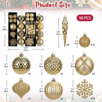 50PCS Christmas Tree Ornaments Set with Shatterproof Balls Icicle Snowflake Hanging Ornaments for Home Office Farmhouse Christmas Decorations, Gold