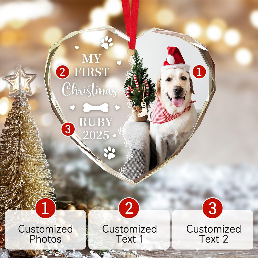 Personalized Christmas Ornaments 2025 with Photo & Text - Customized Crystal Glass Christmas Tree Decor Gifts for Family, Couples, Pets, Baby’s First Xmas – 6 Heart/Round Designs