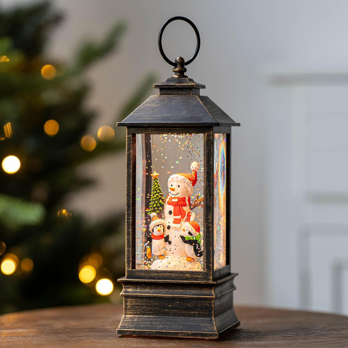 10'' Musical Snow Globe Lantern Lighted Snowman with Penguin Water Lantern Swirling Glittering Home Decoration and Gift, Battery Operated or USB Powered