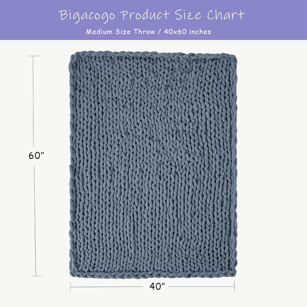 Bigacogo Chunky Knit Throw Blanket for Couch, 40x60 inches, 100% Hand Knitted with Thick Jumbo Chenille Yarn, Cozy Soft Large Rope Knot Cable Crochet Blankets for Sofa Bed Living Room, Cold Sea Blue