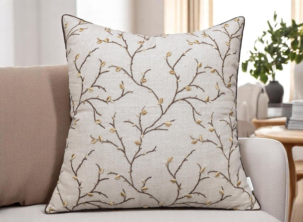 VAGMINE Embroidered Pussy Willow Throw Pillow Cover - 20x20 Inches Square - 100% Linen Natural Throw Pillowcase - Elegant Neutral Floral Design - Minimalist Rustic Home Accent for Sofa, Bed, Lounge