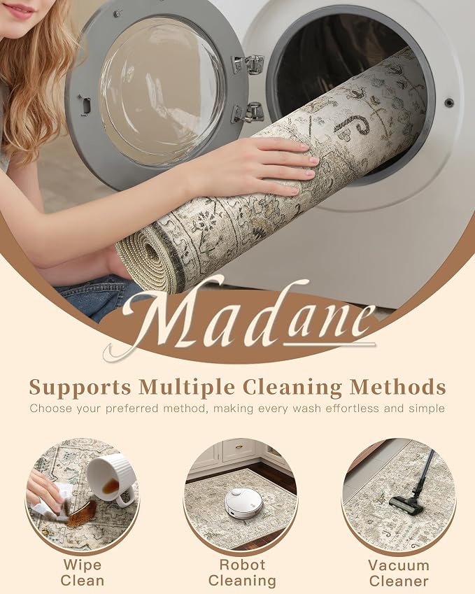 Madane 5x7 Area Rugs for Living Room, Non-Slip Washable Rug, Ivory/Brown | - Image 6