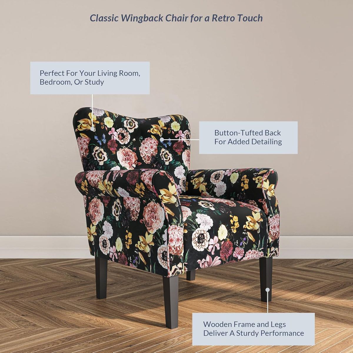 BELLEZE Modern Accent Chair for Living Room, High Back Linen Armchair with Wooden Legs, Upholstered Wingback Side Chair Padded Armrest Single Sofa for Living Room, Bedroom - Allston (Black & Flower)