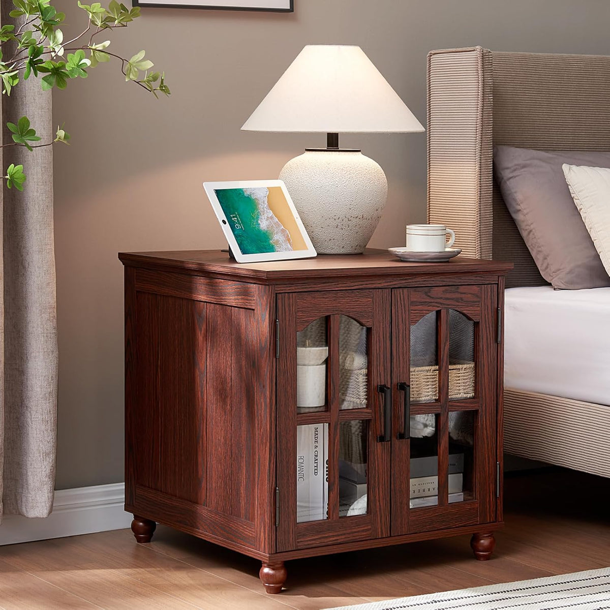 Farmhouse End Table with Charging Station,24" Large Sofa Side Table with Glass Barn Door,Rustic Wood Night Stand with Adjustable Storage Shelf,Square Bedside Table for Living Room,Bedroom Office
