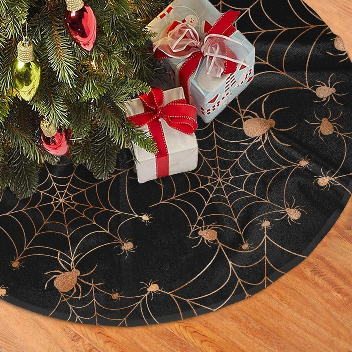 Christmas Tree Skirt,Gold Spider Web Xmas Tree Skirt Rustic Farmhouse Tree Skirt for Christmas Decor Xmas Holiday Home Party Decorations48