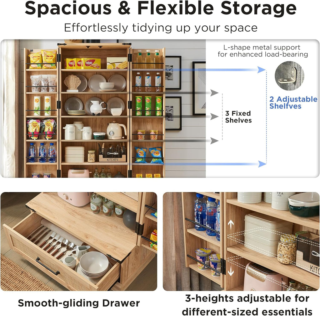 72" Tall Rattan Kitchen Pantry Cabinet with Drawer, Boho Storage Cabinet with 2 Rattan Doors and Shelves, Versatile Large Cabinet for Dining Room, Bathroom, Living Room, Laudry, Natural Oak