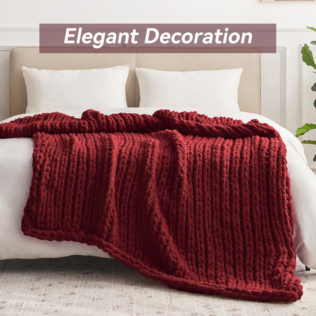 Chunky Knit Throw Blanket, 30''*40'' Knitted Throw Chenille Yarn for Bed Couch, Handmade Red Crochet Big Thick Blanket, Machine Washable Cute Comfy Blanket for Home Decor