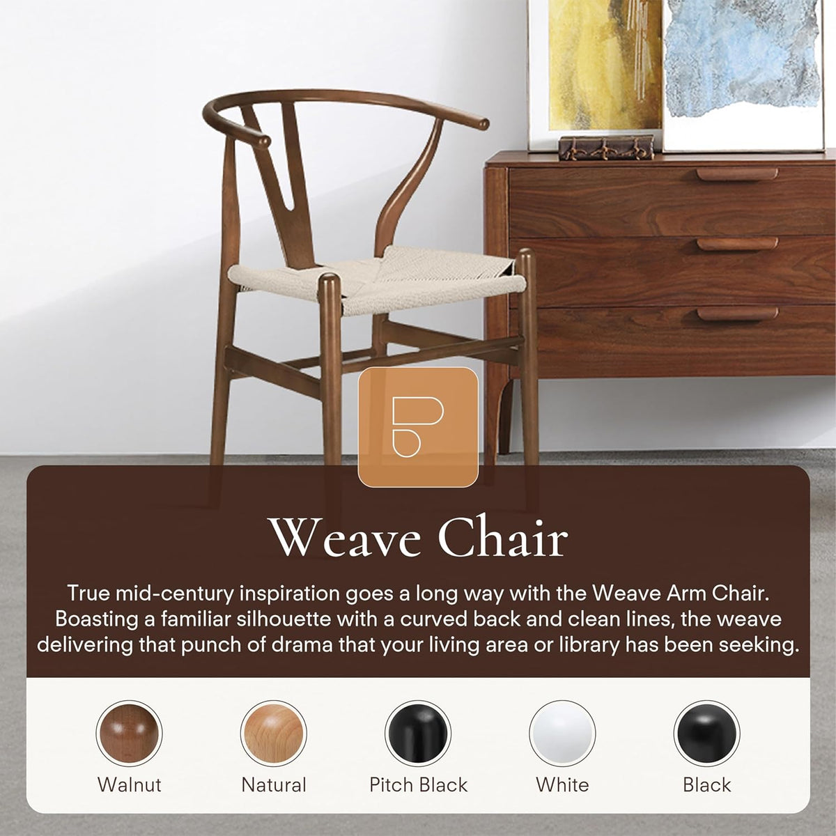 POLY & BARK Weave Dining Chairs – Mid-Century Modern Wishbone Dining Chairs with Arms, Solid Wood Frame, Indoor Use – Walnut– Set of 2 - Ideal for Dining Room, Kitchen or Stylish Accent Setting