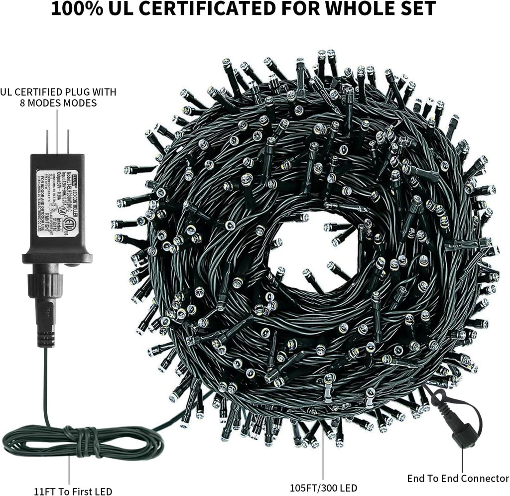 XTF2015 Christmas String Lights, 105ft 300 LED Christmas Lights 8 Modes Memory Function & Timer- UL Certified - Outdoor Indoor Christma s Fairy Lights for Tree, Garden, Party, Wedding(Red + White)