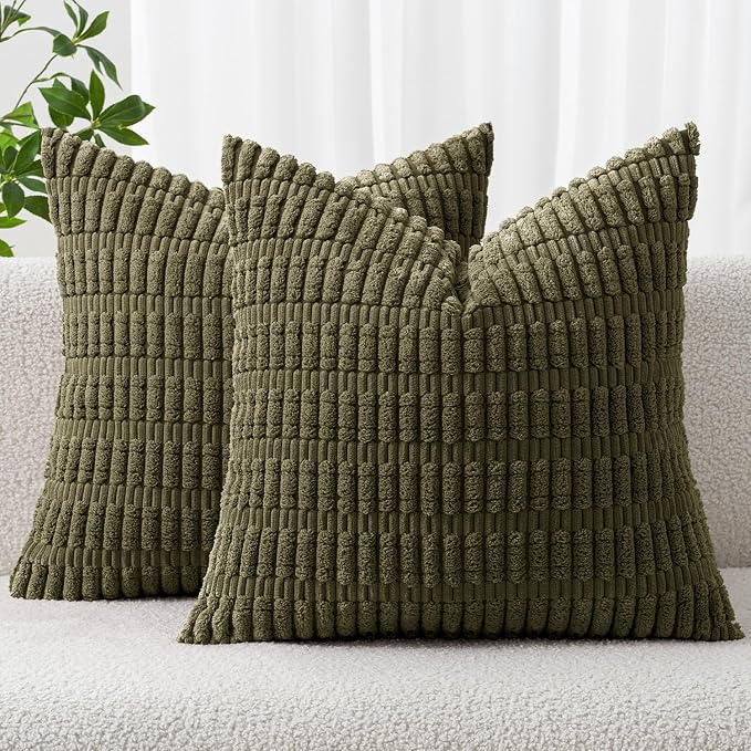 MIULEE Corduroy Decorative Throw Pillow Covers 16x16 Olive Green Pack of 2 | by MIULEE