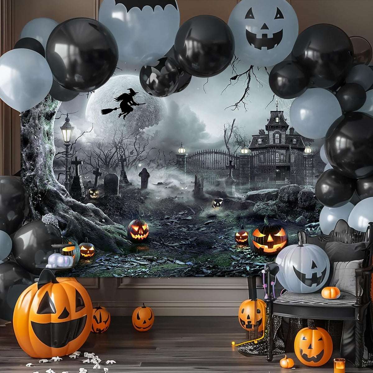 Avezano Halloween Photography Backdrop Full Moon Scary Night Castle Pumpkins Party Background Spooky Witch Bats Cemetery Child Kids Halloween Party Decorations Photoshoot Backdrops (10x7ft, Green)