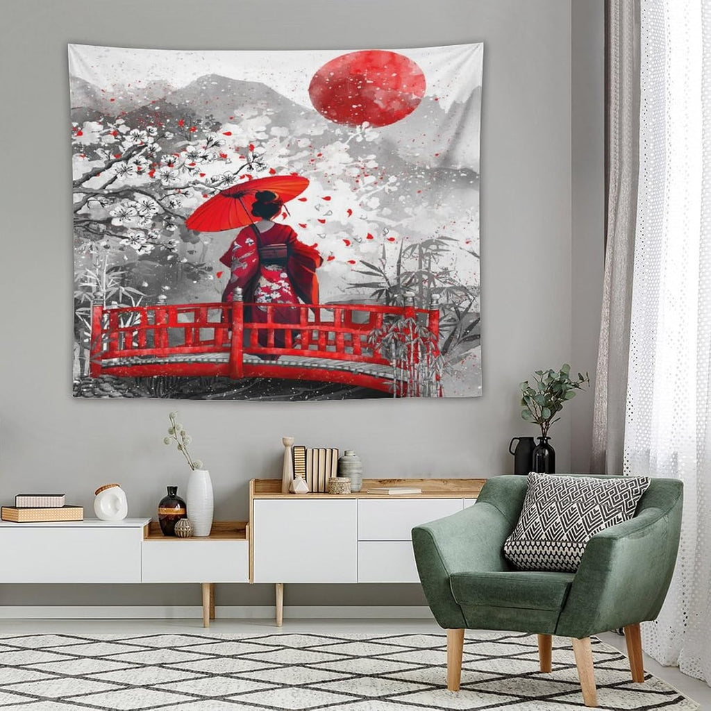 Japanese Red Geisha Tapestry Asian Cherry Blossom Red Sun Traditional Kimono Folk Tapestries Home Decor for Living Room Bedroom Apartment Farmhouse Dorm 60"x50"
