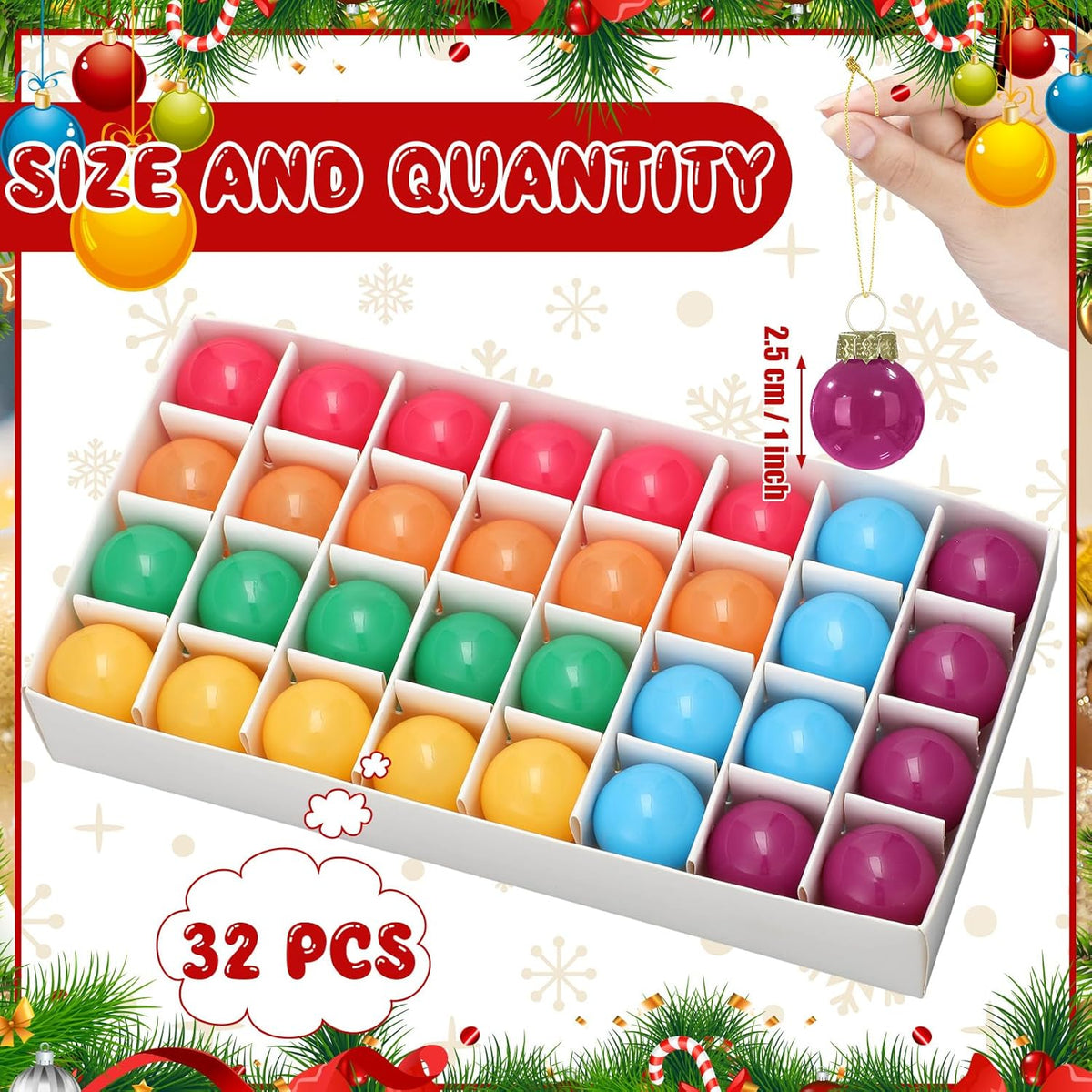 Tioncy 32 Pcs 1 Inch Mini Glass Christmas Ornaments Balls Shiny Christmas Balls Tiny Tree Hanging Decoration Small Colorful Ball Pendant for Xmas Party Supplies(Neon Color)