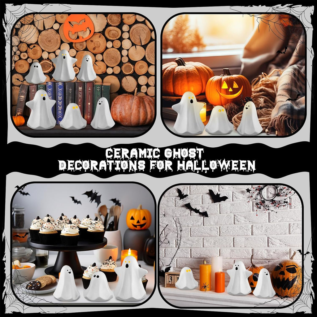 Domensi 9 Pcs Halloween Ceramic Ghost Figurines with LED Lights, Large 5.12 White Spooky Ghost Sculpture Statue Cute Halloween Miniatures for Gifts Centerpiece Table Mantel Collections Decorations