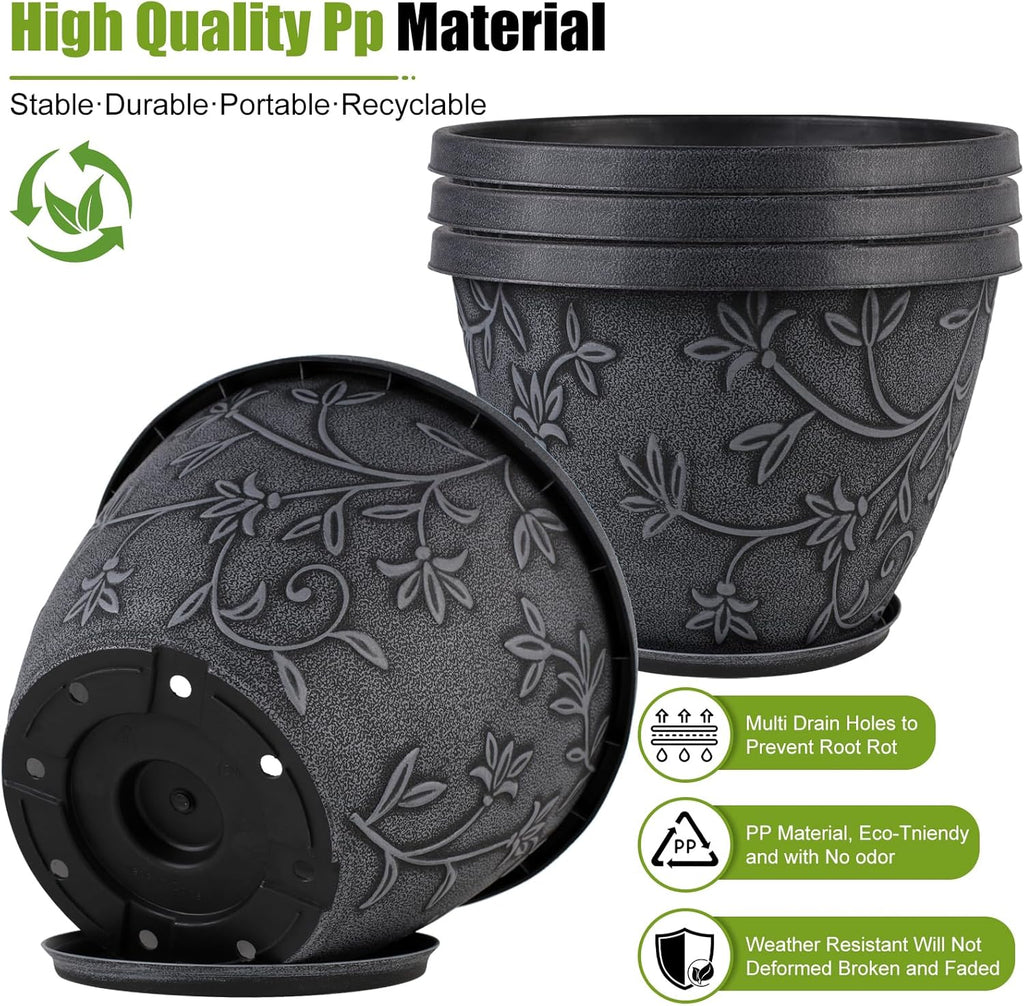 4 Pack 8 Inch Flower Pots for Outdoor Indoor, Plastic Plant Pots with Drainage Hole & Saucer, Lightweight Small Resin Flower Pot, Imitation Magnolia Pots for Garden House planters（Gray）
