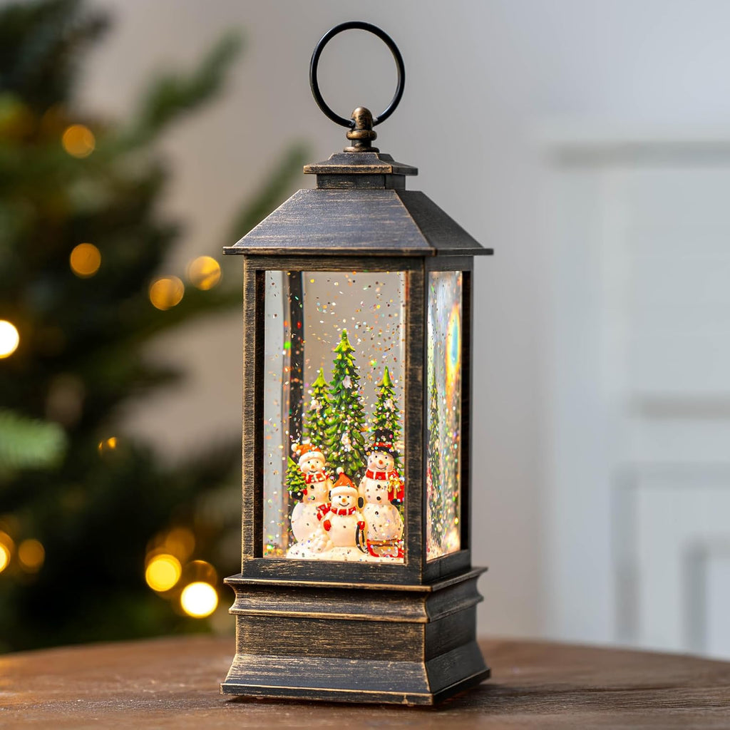 10'' Musical Snow Globe Lantern Lighted Snowman Family Water Lantern Swirling Glittering Home Decoration and Gift, Battery Operated or USB Powered